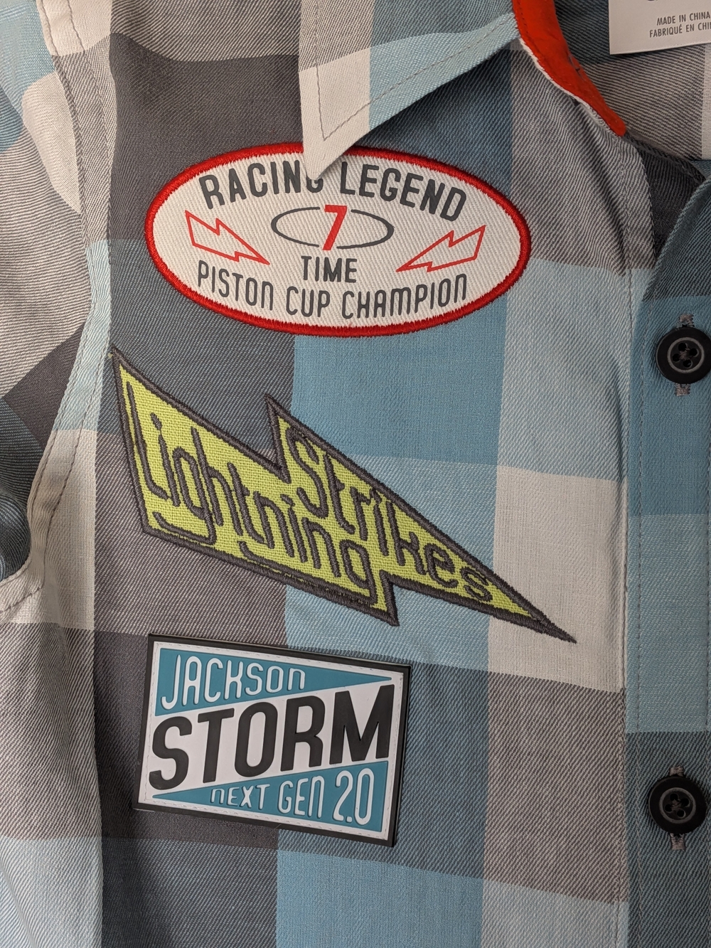 Disney Cars Lighting McQueen Blue & Gray Plaid Button-Down Shirt W Patches - Picture 5 of 13